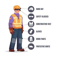 The picture above contains a person with ppes on his/her body i.e. helmet, safety glasses, reflector, gloves, safety boots